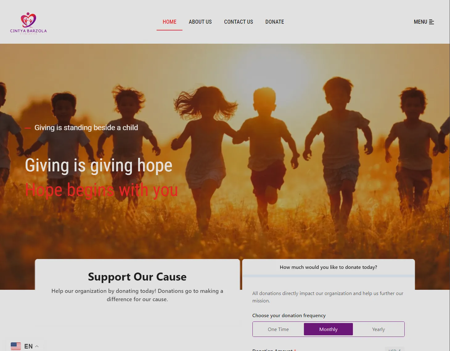 Cintya Barzola Foundation website showing children at sunset